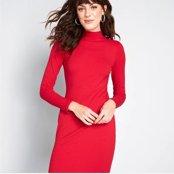 ModCloth Most Favored Dress Red Mock Neck Ribbed Long Sleeve size Large NEW - Picture 4 of 8